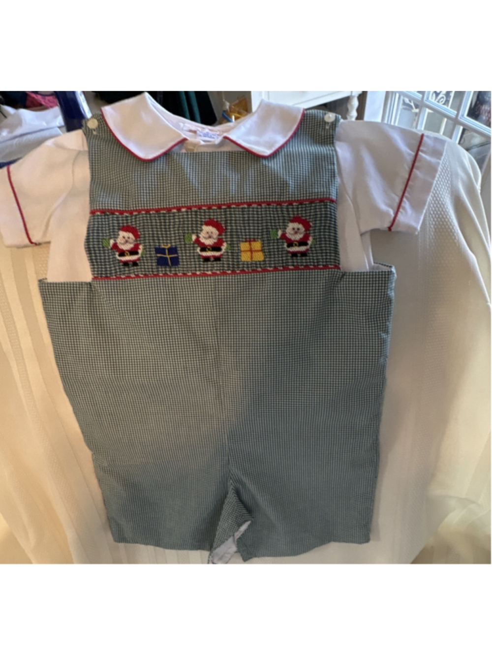 Anavini Boys Christmas Santa Smocked Gingham Romper Set 2 Piece Size 3T